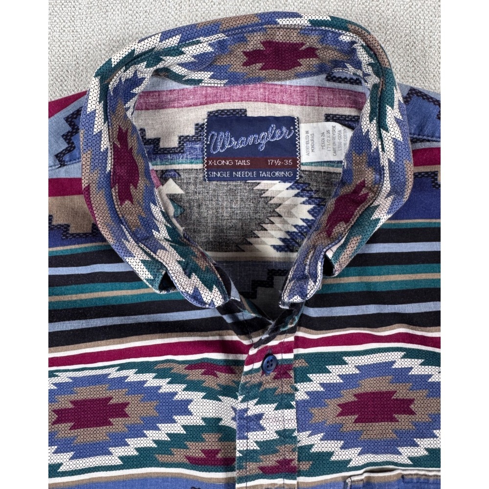 Vtg 90s Wrangler Cowboy Cut Aztec Western Shirt 17.5 x 35 X-Long Tail USA - Picture 5 of 12